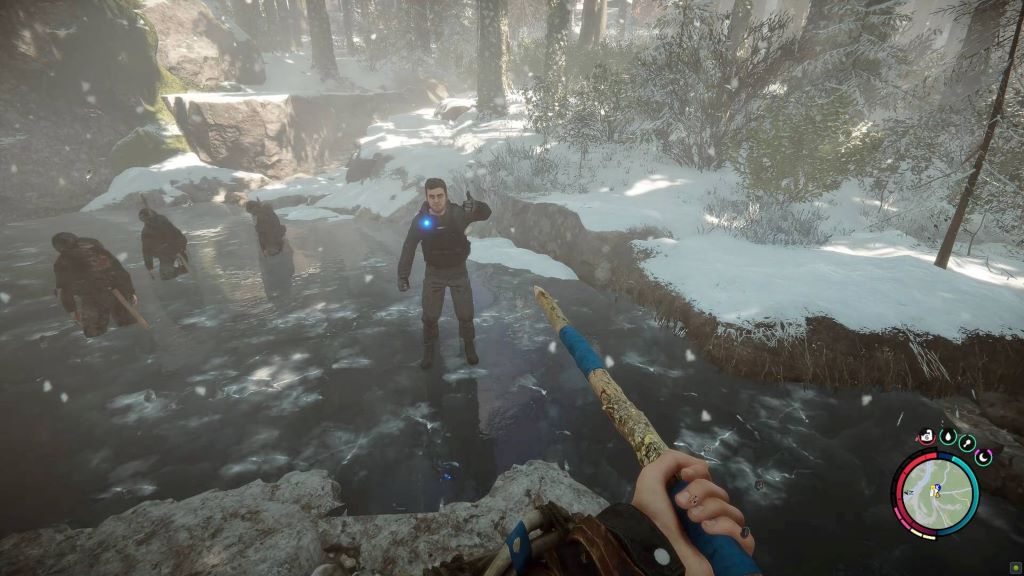 Sons of the Forest PS5 gameplay scene showing a player navigating a dark forest filled with terrifying creatures