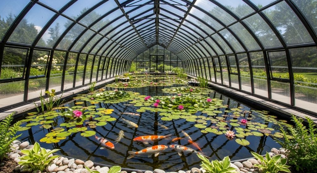 Arched greenhouse structure over backyard pond allowing sunlight to reach water lilies and fish swimming below