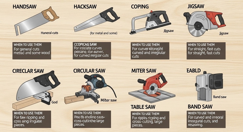 Different types of saws for woodworking equipment displayed in a workshop