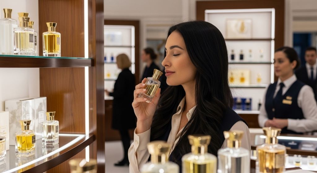 Woman smelling a perfume bottle while shopping for her signature scent