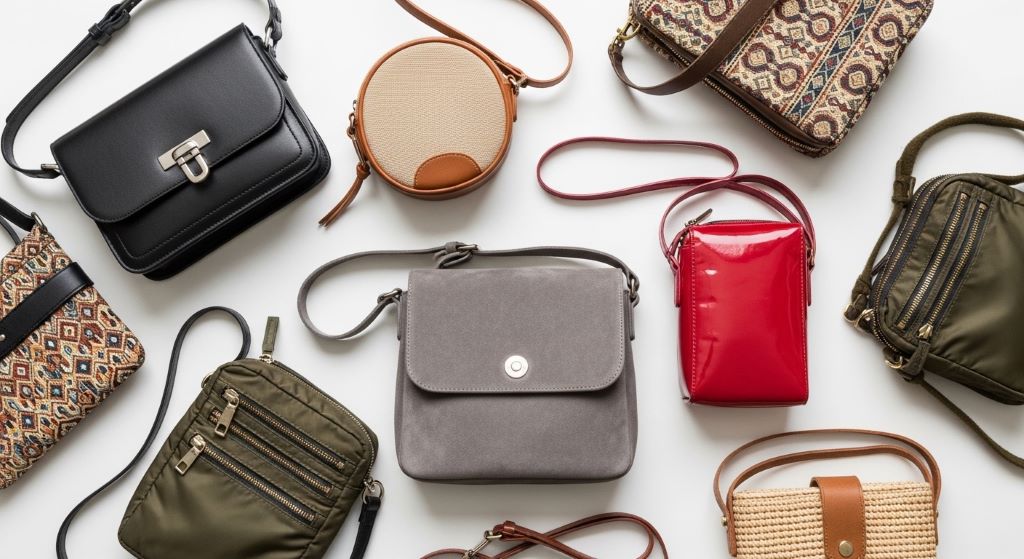 Flat lay of various crossbody bags in different sizes and materials on a white surface