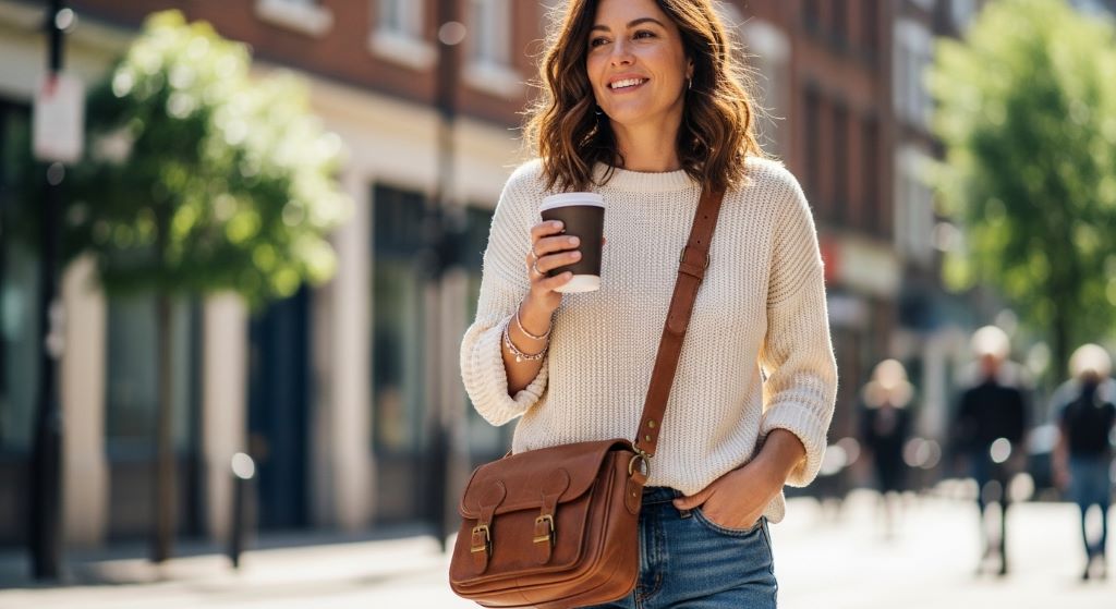 Woman wearing a medium brown leather crossbody bag over a casual outfit