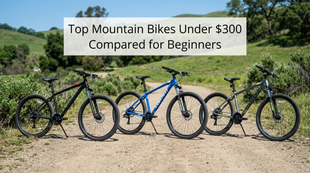 lose-up of mountain bike disc brakes and suspension fork on a dirt path, showing entry-level bike components.