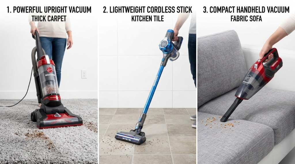 Three different types of Hoover vacuums side-by-side comparing upright, stick, and handheld models.