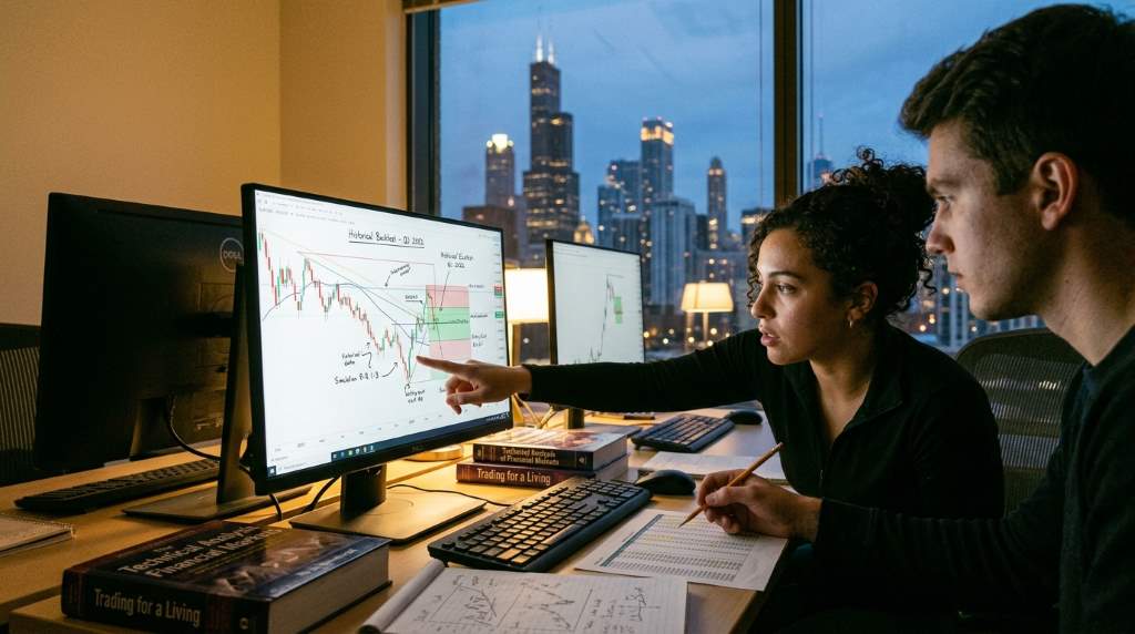 Chicago forex beginner analyzing historical currency charts on multiple trading monitors indoors during winter