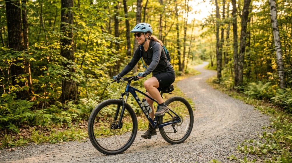 lose-up of mountain bike disc brakes and suspension fork on a dirt path, showing entry-level bike components.