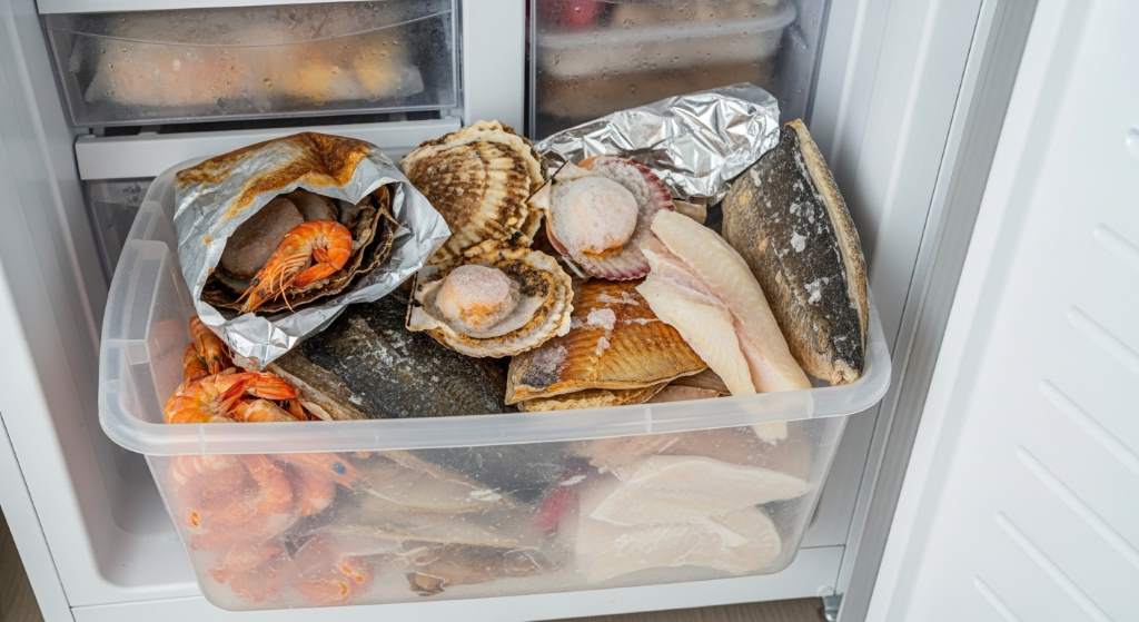 Frozen seafood stored correctly in a San Diego family freezer
