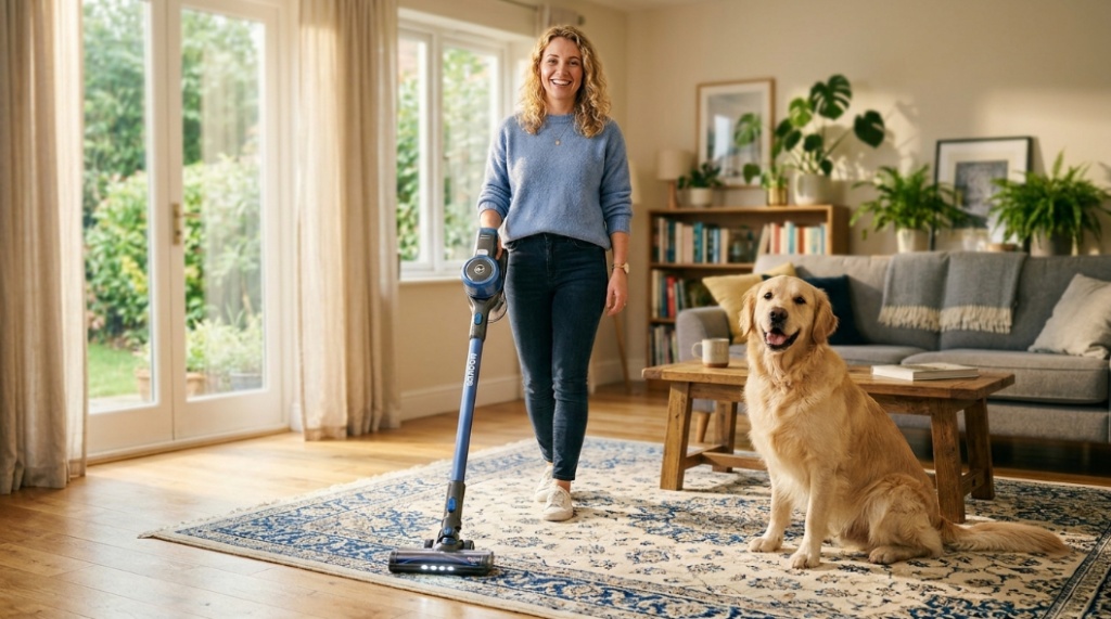 A person vacuuming pet hair off a rug with a Hoover vacuum next to a golden retriever dog.