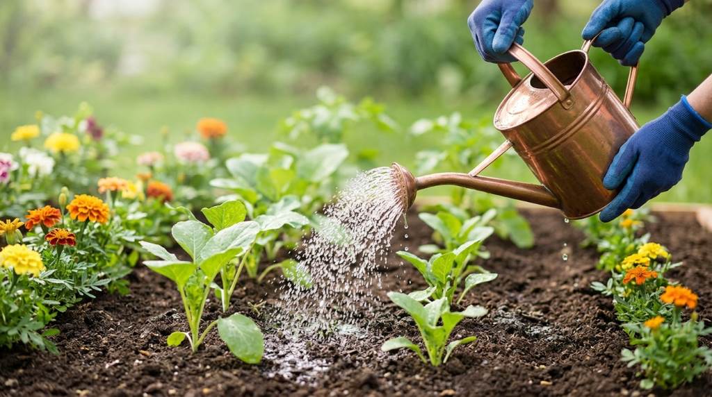 Homeowner watering native garden plants during a sunny morning