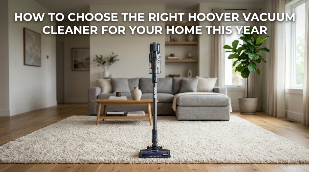 Title graphic for choosing the right Hoover vacuum cleaner in a bright modern living room.