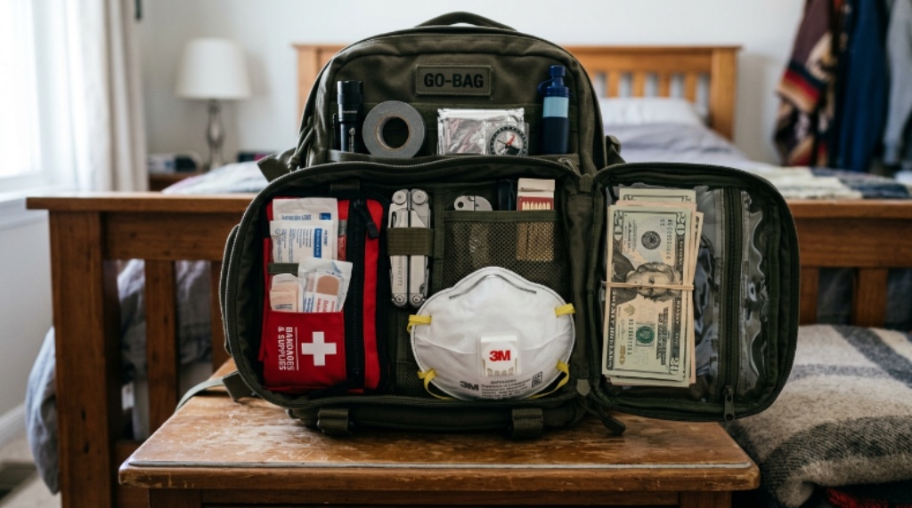 Close-up of an open go-bag filled with bedroom emergency essentials including bandages, a multi-tool, dust mask, and emergency cash