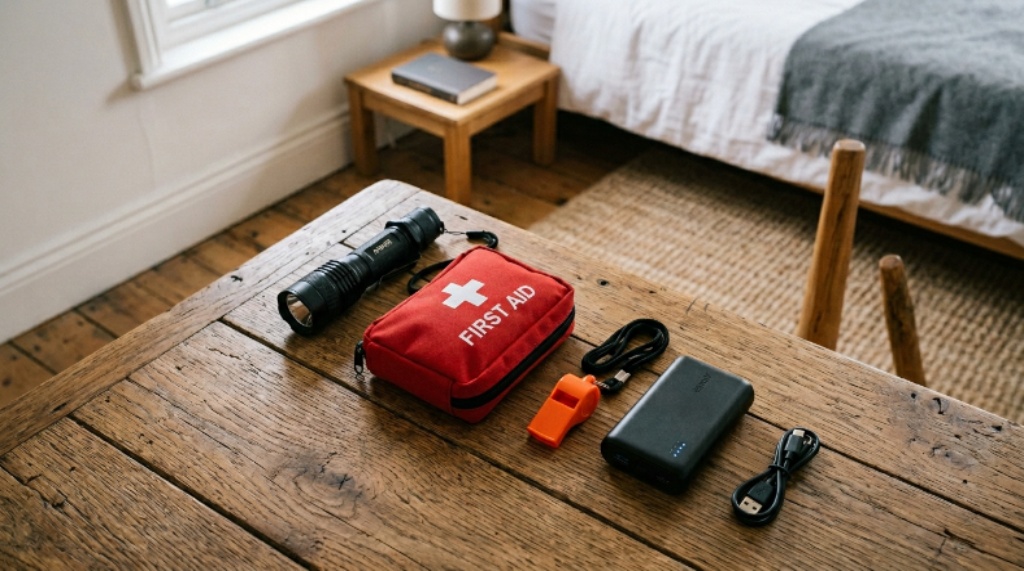 A compact bedroom emergency kit laid out on a wooden floor including a flashlight, first aid pouch, whistle, and power bank