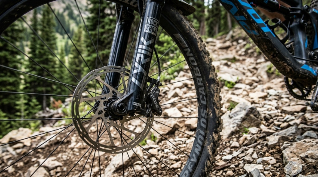Close-up of mountain bike suspension fork and disc brake on a rocky trail