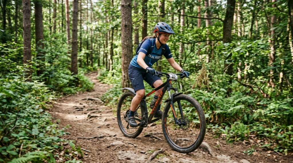 Beginner mountain biker riding a hardtail trail bike on a dirt forest path