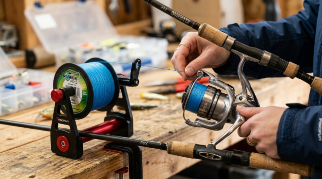 Close-up of fishing line being spooled onto a reel with a line spooler device