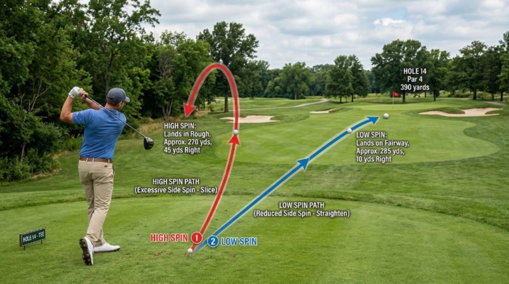 Comparison of low spin and high spin golf ball flight paths showing reduced slice curve on a golf course