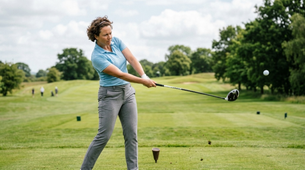 Golfer on the tee box hitting a low spin golf ball to correct a slice and achieve a straighter ball flight