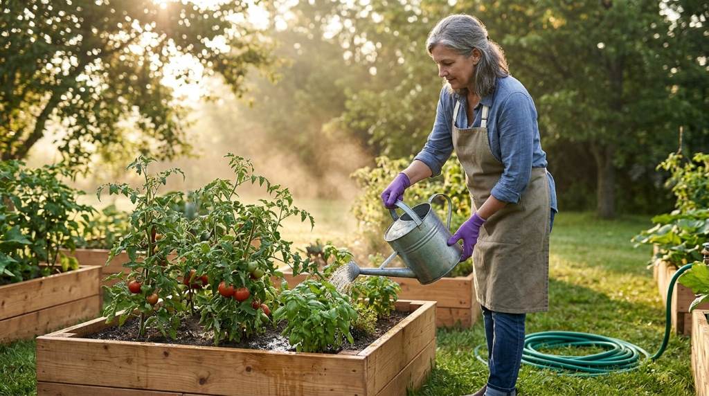 Raised vegetable garden with tomatoes and peppers growing in an Austin Texas backyard landscape