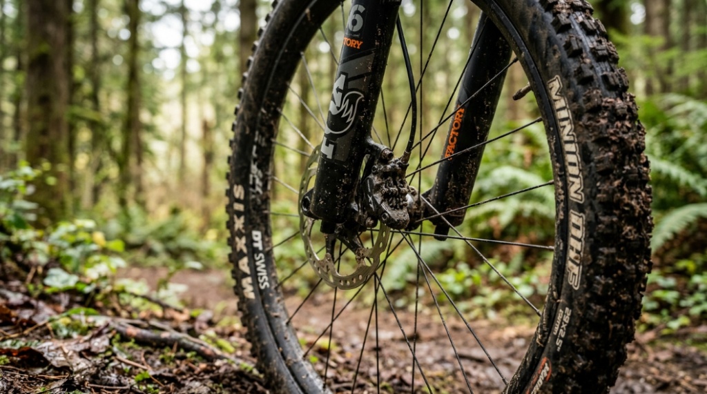 Close-up of mountain bike disc brakes and suspension fork on a dirt path, showing entry-level bike components.