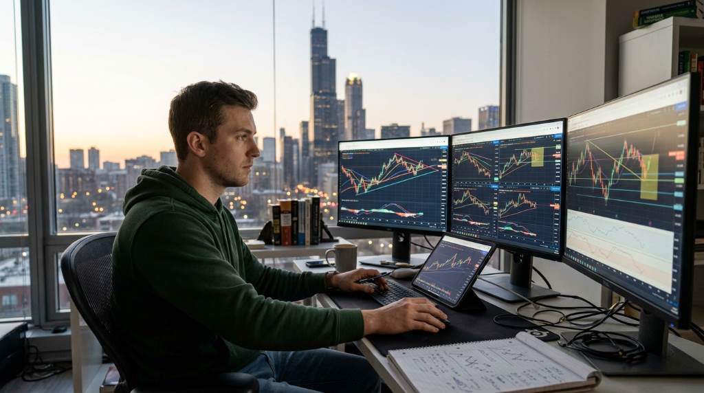 Young Chicago trader reviewing forex backtesting results with technical indicators and risk management notes