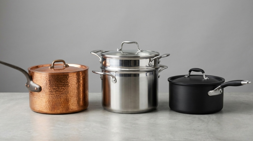 Three different metal stockpots arranged side-by-side for material comparison.