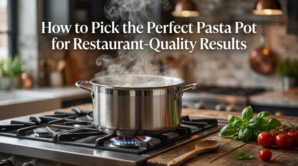 A stainless steel pasta pot boiling water on a gas stove with fresh ingredients nearby.