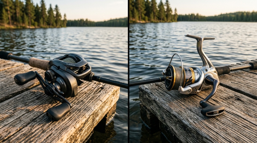 Side-by-side comparison of a baitcasting reel and a spinning reel on a dock.