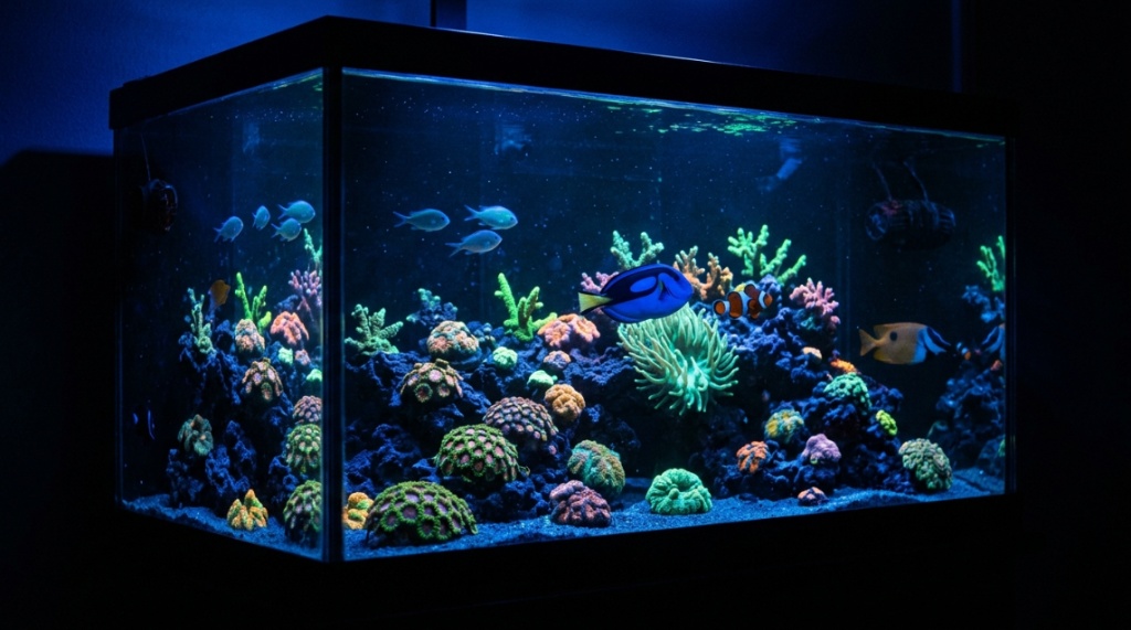 A bright freshwater aquarium illuminated by a sleek LED light fixture.