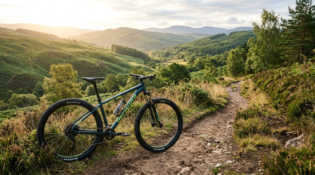 A cyclist riding a hardtail mountain bike down a winding forest path.