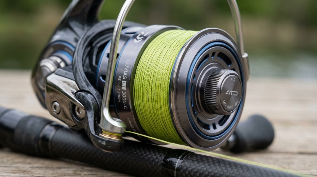 Macro photograph showing the drag knob and spool mechanism on a fishing reel.
