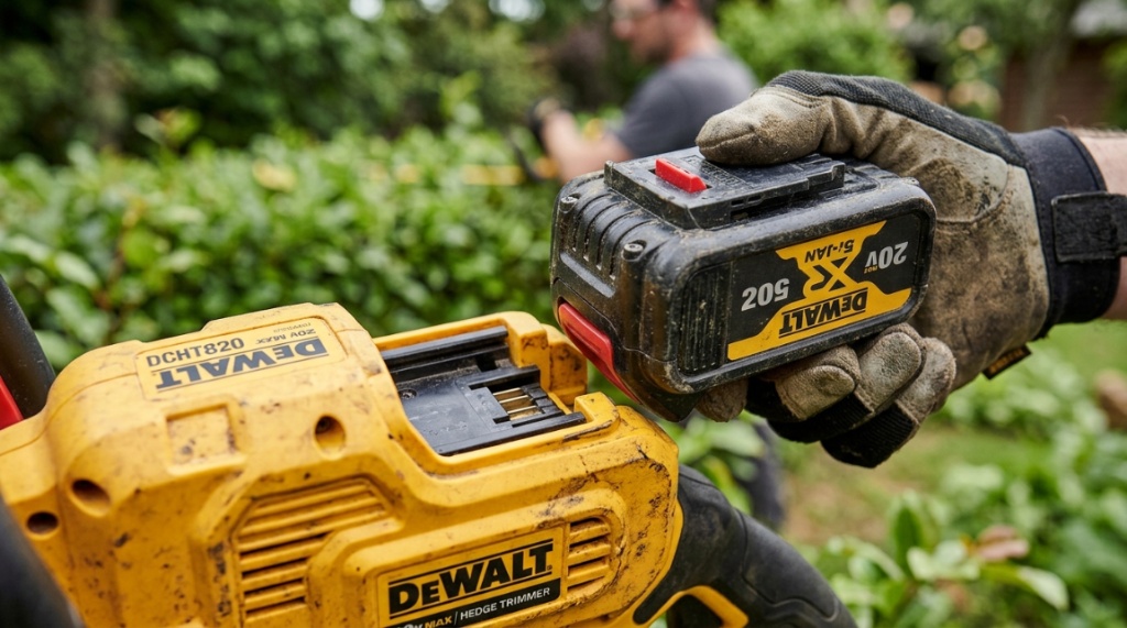 Close-up of lithium-ion battery sliding into a cordless hedge trimmer.