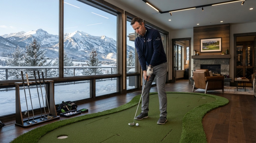 Golfer practicing putts on a premium indoor putting green in Colorado.