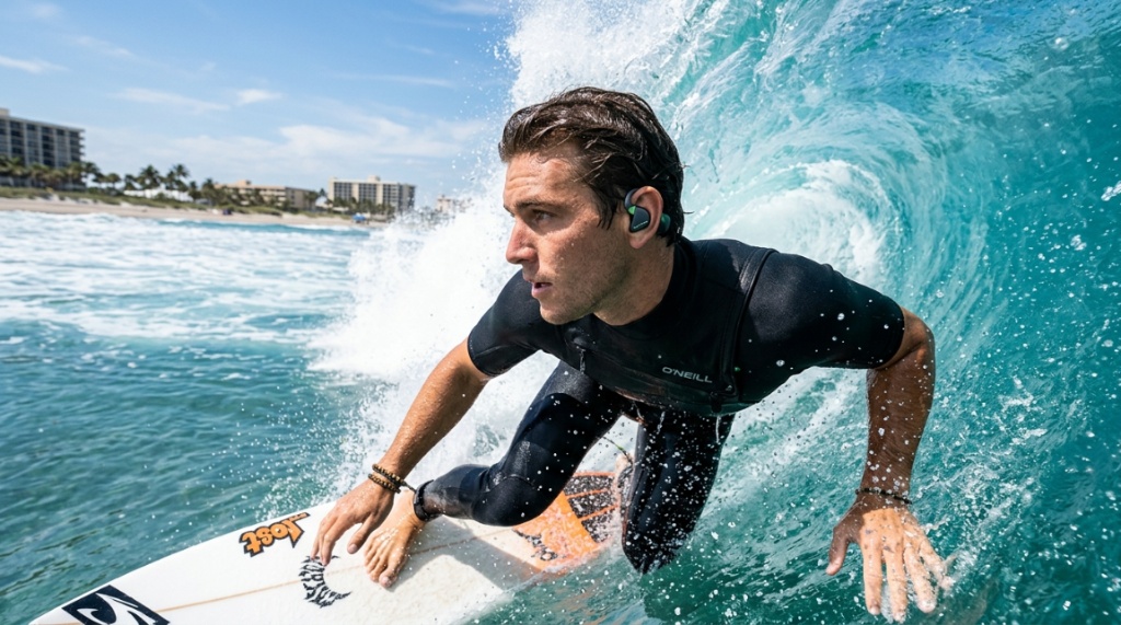 Silicone surf ear plugs and storage case on surfboard. (