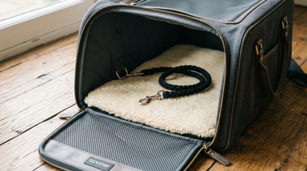Cozy, plush interior with a safety tether inside a stylish designer pet carrier.