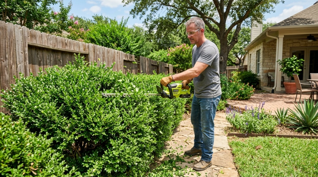 Homeowner trimming bright green backyard hedges with cordless electric tool.