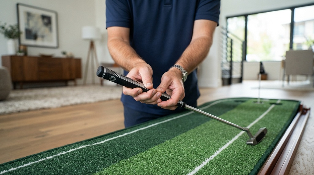 Man practicing his golf swing on a home indoor putting mat.