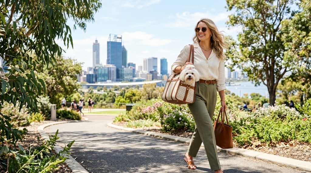 Stylish pet owner carrying a luxury designer pet carrier in a Western Australian park.