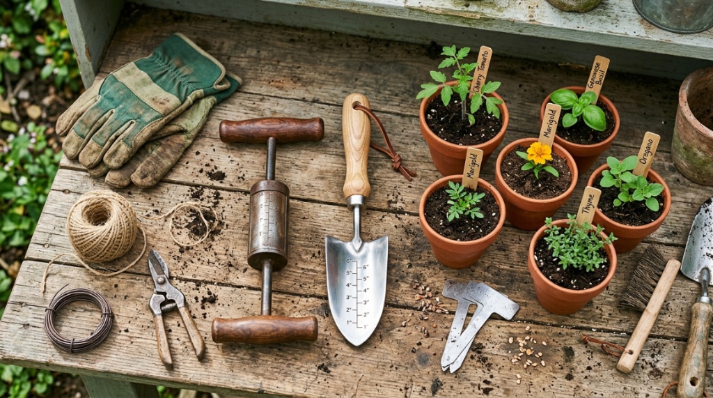 Two different transplanter tools laid out on a garden workbench.