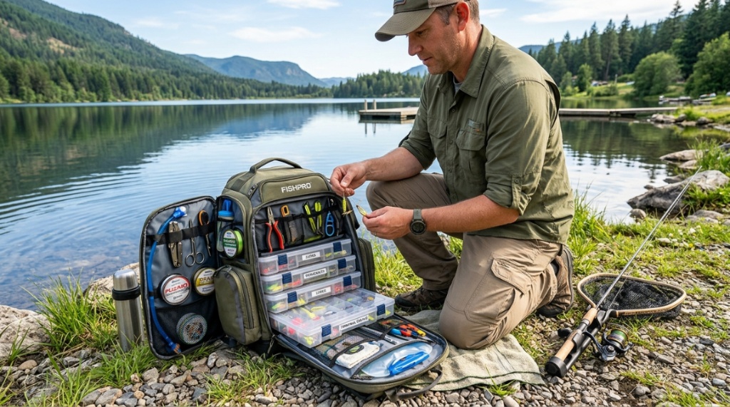 Open fishing backpack displaying modular compartments and organized fishing tackle gear.