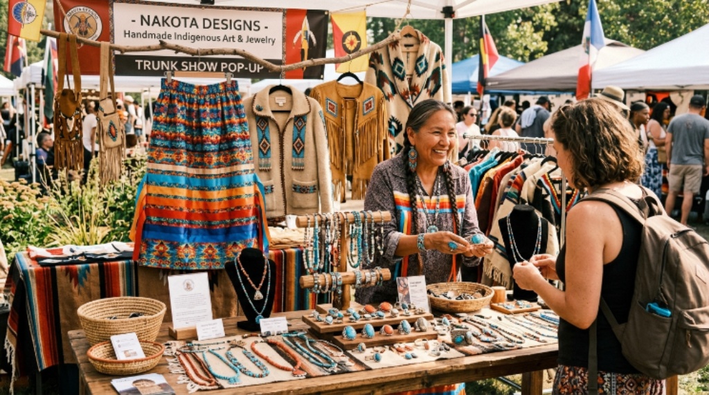 Handmade Indigenous jewelry and clothing displayed at a trunk show pop-up market