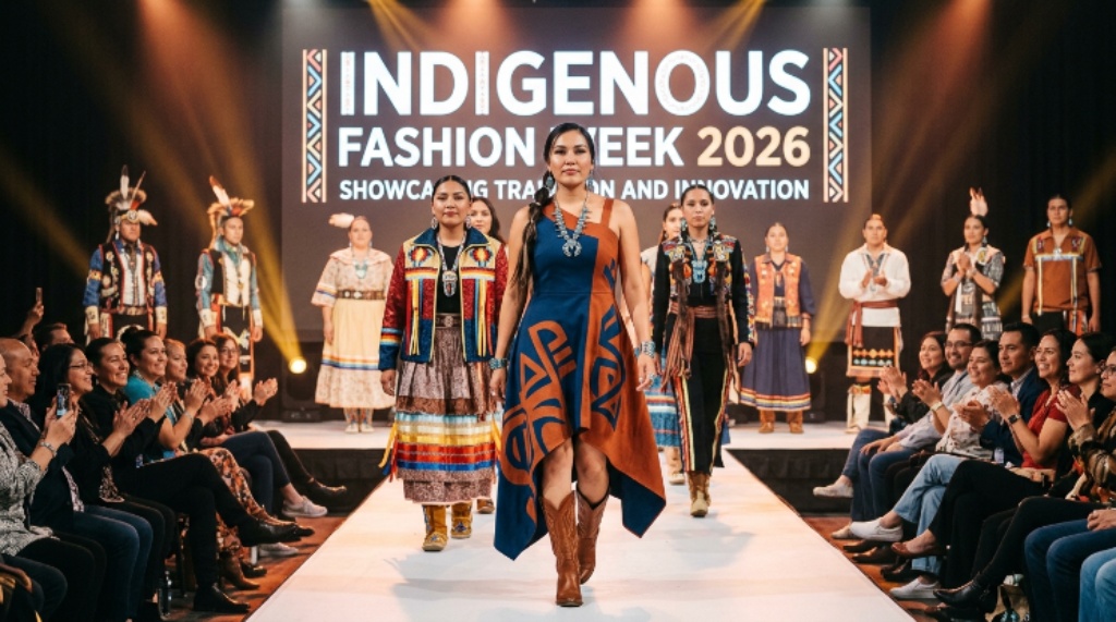 Indigenous fashion designers showcasing traditional and contemporary clothing on a runway at the 2026 annual fashion show
