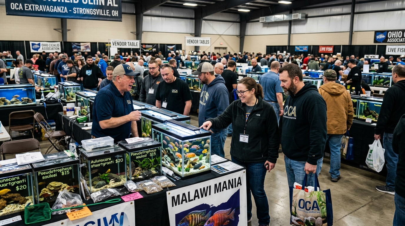 Hobbyists browsing vendor tables at the OCA Extravaganza freshwater fish event in Strongsville Ohio