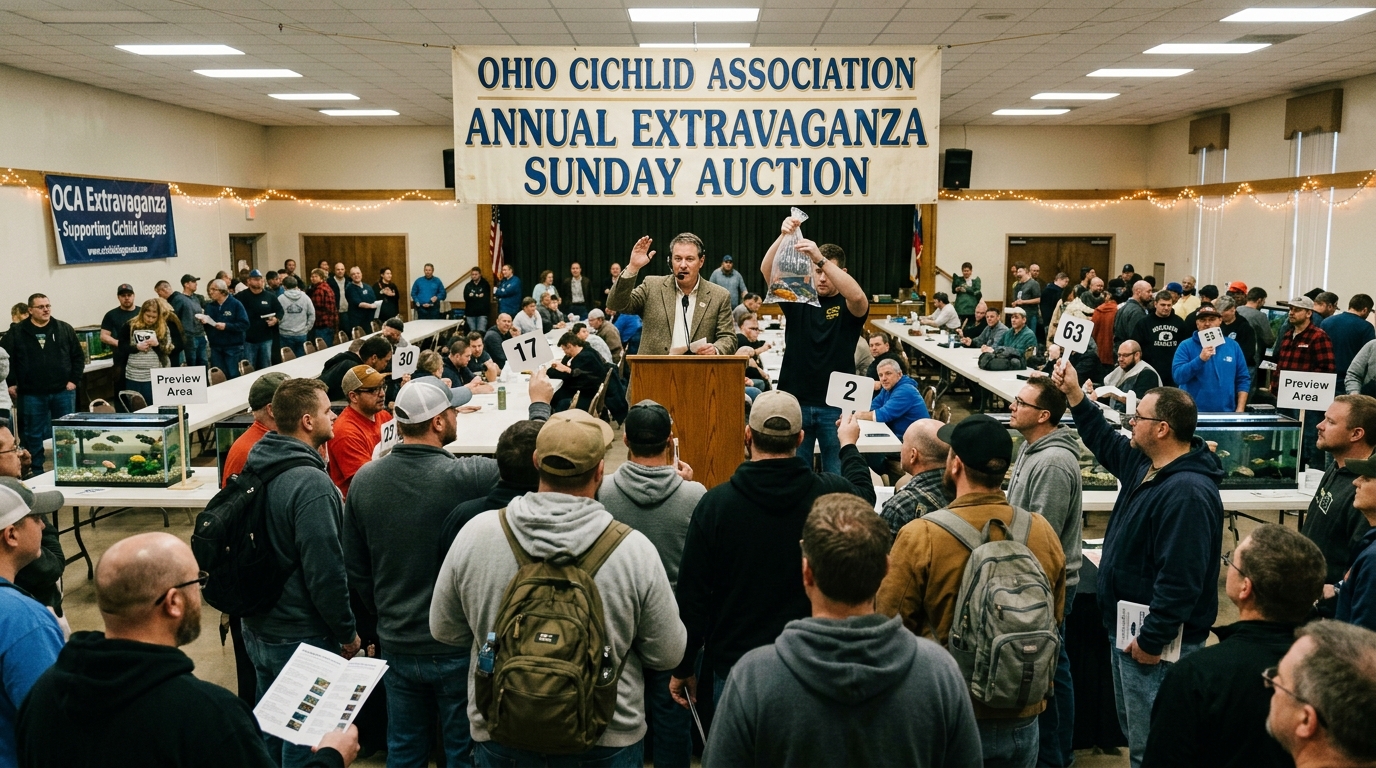 Auction bidders gathered in a hall at the Ohio Cichlid Association annual Extravaganza Sunday auction