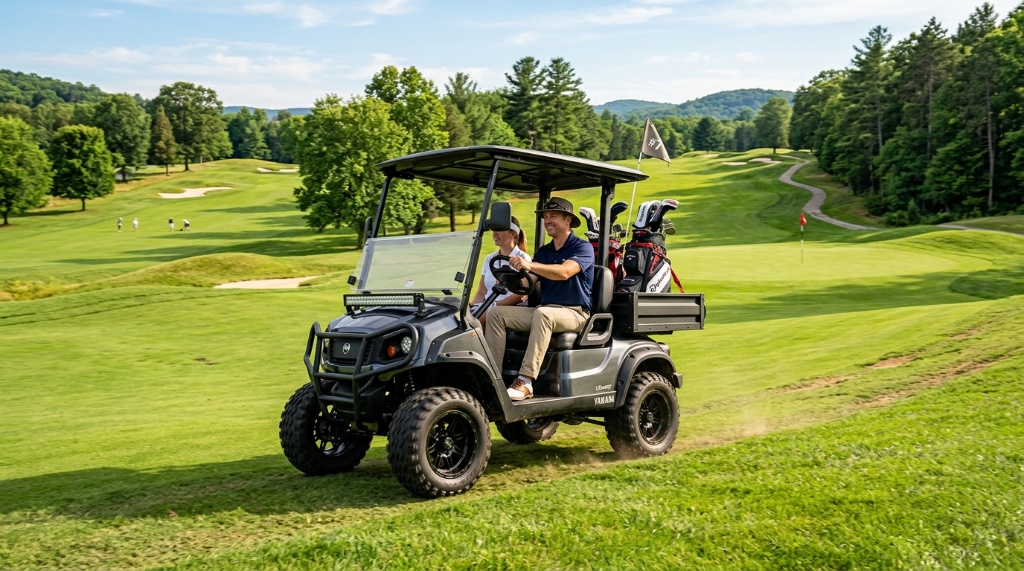 An all-terrain golf cart driving across a hilly golf course fairway.