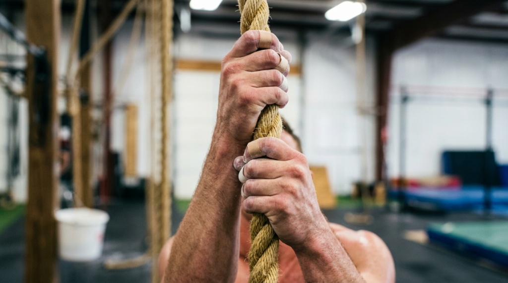 Athlete hands gripping a thick manila gymnastics rope during a workout.