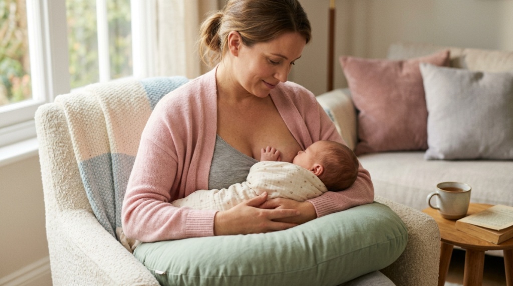 Father bottle-feeding happy infant using an ergonomic nursing pillow.