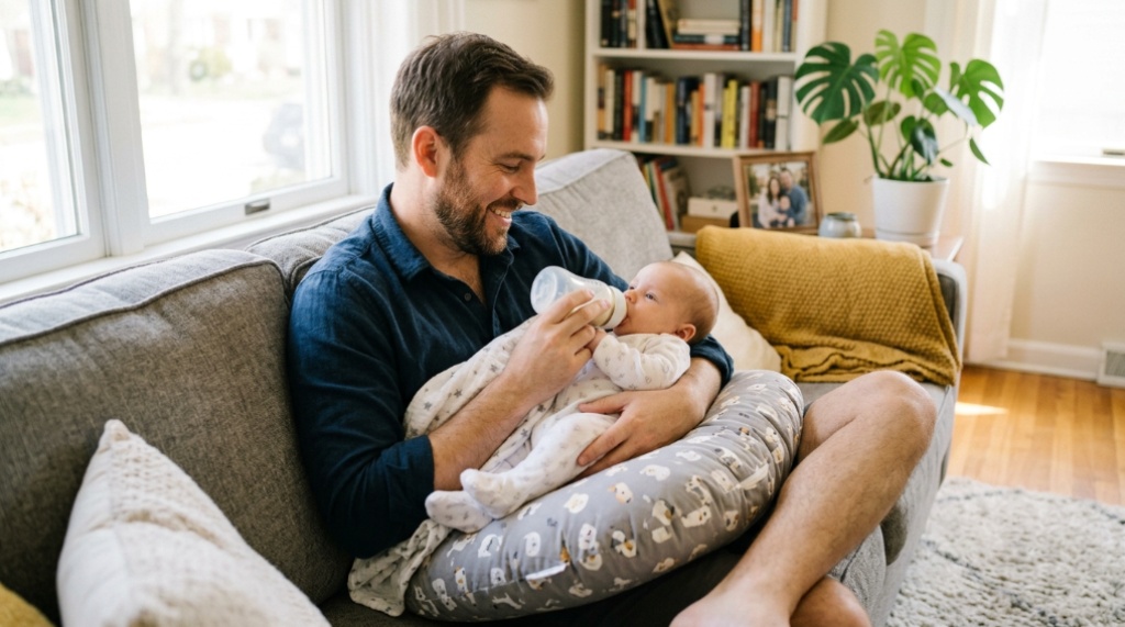 Mother breastfeeding newborn baby comfortably supported by a nursing pillow.