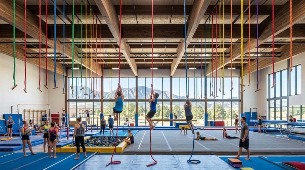 Colorful gymnastics ropes hanging from high ceiling beams inside a Colorado gym.