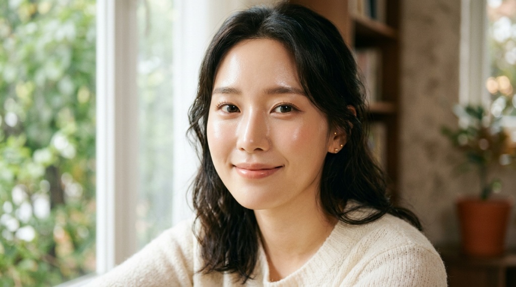 Close-up portrait of a woman with radiant, dewy glass skin.