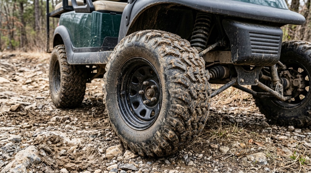 Close-up of heavy-duty rugged tires on a lifted golf cart.